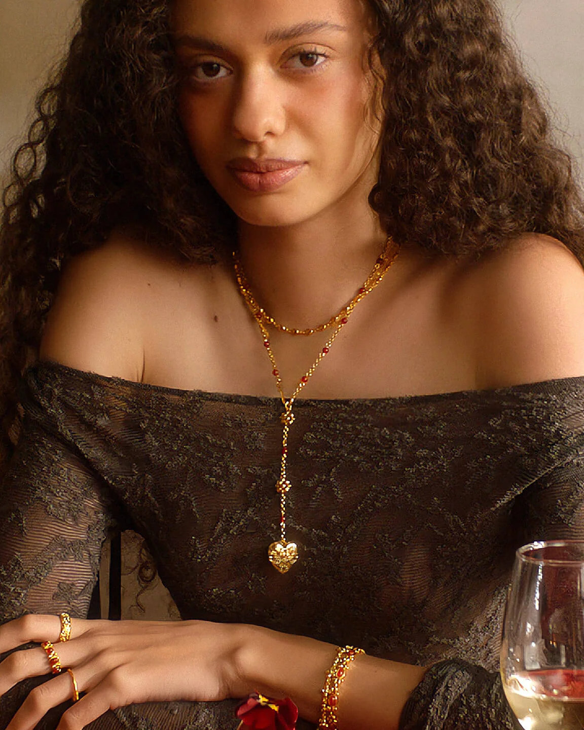 Carnelian Veil Lariat Necklace in Gold