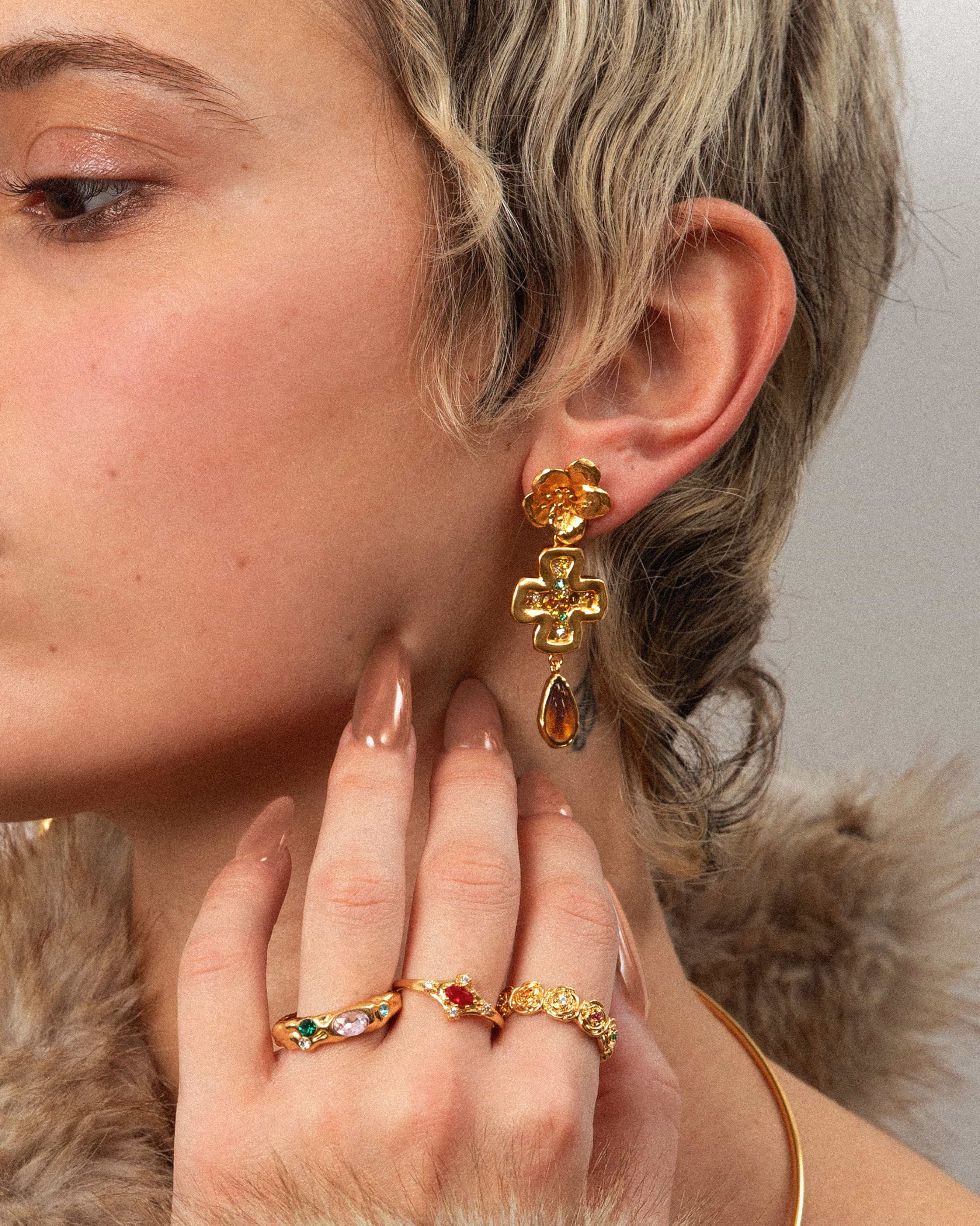 Amber Dew Floral Cross Earrings